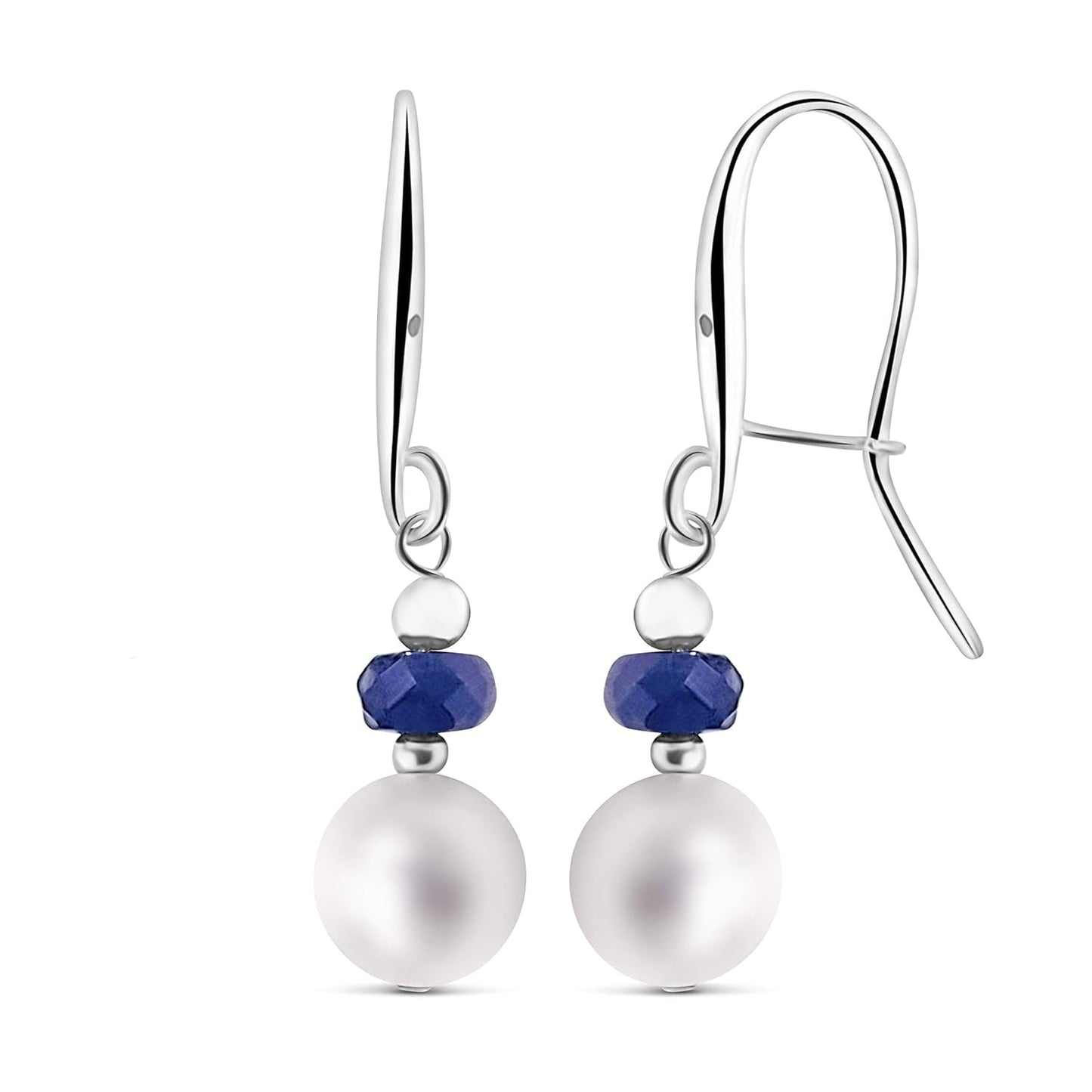 Real Stone and Freshwater Pearl Drop Earrings with Solid 925 Sterling Silver and Gold Dangle Birthstone Jewelry Gift for Her  (Sapphire, Sterling-Silver)