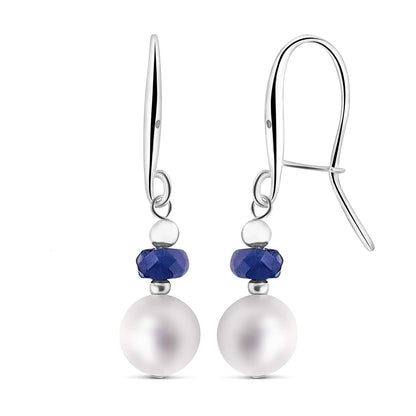 Real Stone and Freshwater Pearl Drop Earrings with Solid 925 Sterling Silver and Gold Dangle Birthstone Jewelry Gift for Her  (Sapphire, Sterling-Silver)