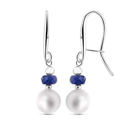 Real Stone and Freshwater Pearl Drop Earrings with Solid 925 Sterling Silver and Gold Dangle Birthstone Jewelry Gift for Her  (Sapphire, Sterling-Silver)