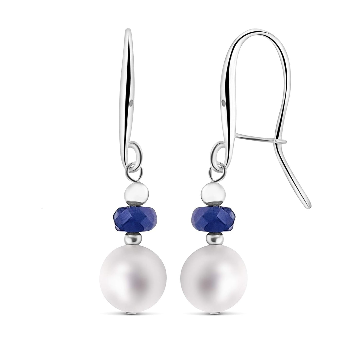 Real Stone and Freshwater Pearl Drop Earrings with Solid 925 Sterling Silver and Gold Dangle Birthstone Jewelry Gift for Her  (Sapphire, Sterling-Silver)
