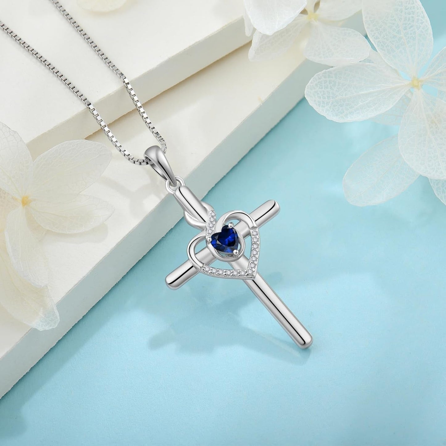 Heart Cross Necklace for Women 925 Sterling Silver Infinity Cross Pendant Birthstone Necklace Religious Jewelry Gift for Women Her Mom Wife Girlfriend Daughter
