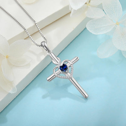 Heart Cross Necklace for Women 925 Sterling Silver Infinity Cross Pendant Birthstone Necklace Religious Jewelry Gift for Women Her Mom Wife Girlfriend Daughter