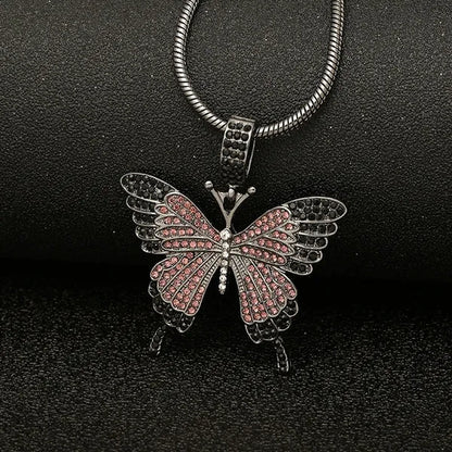 Colorful butterfly pendant necklace set with diamond alloy, snake chain, hip hop necklace for men and women