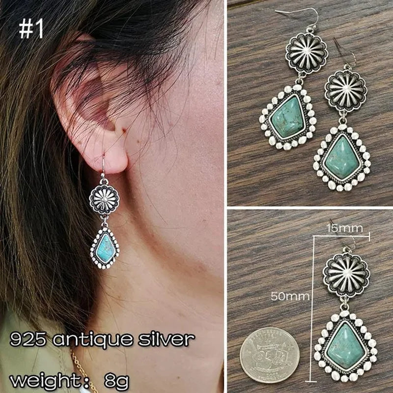 1Pair New Boho Ethnic Earrings for Women with Turquoise Gem Natural Stone Beads Earring Water Drop Hook Earring Vintage Jewelry