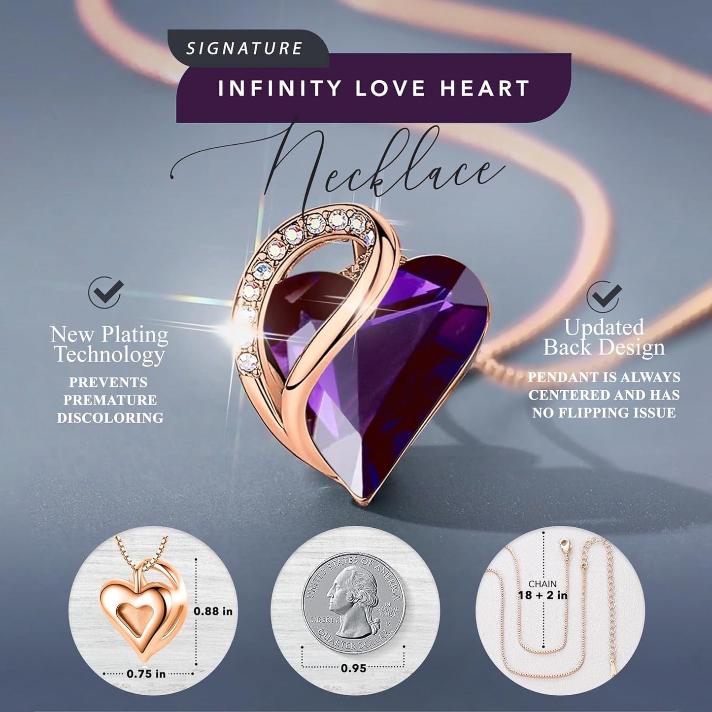 Rose Gold Plated Necklace for Women: Heart Shaped Birthstone/Healing Crystals Center, Dazzling Cubic Zirconia, Hypoallergenic Chain (18"+2"), Jewelry Gifts for Anniversaries and Birthdays