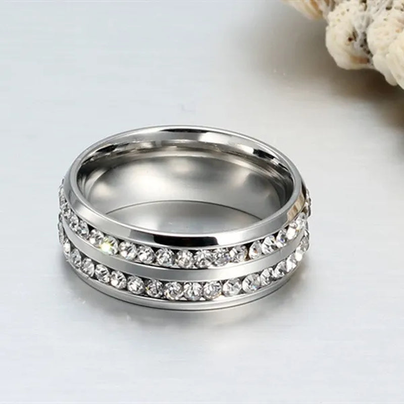 Fashion Exquisite Women Men 8mm Stainless Steel Unique Double Row Crystal Diamond Ring Wedding Band Jewelry Gifts(Size 5-13)