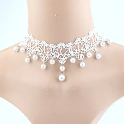White Lace Necklace Chokers Black Collares Vintage Style Female Gothic Wedding Red Rose Crystal Diamond Pendant Collarbone Necklaces Chain Accessories for Women Girls
