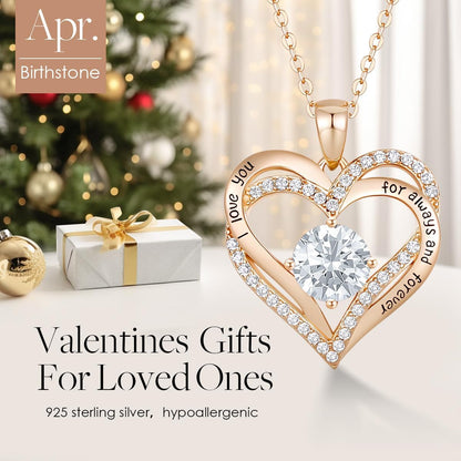 Forever Love Heart Necklaces for Women, Wedding Anniversary, Birthday Gift for Wife, S925 Silver Jewelry with Birthstone Pendant