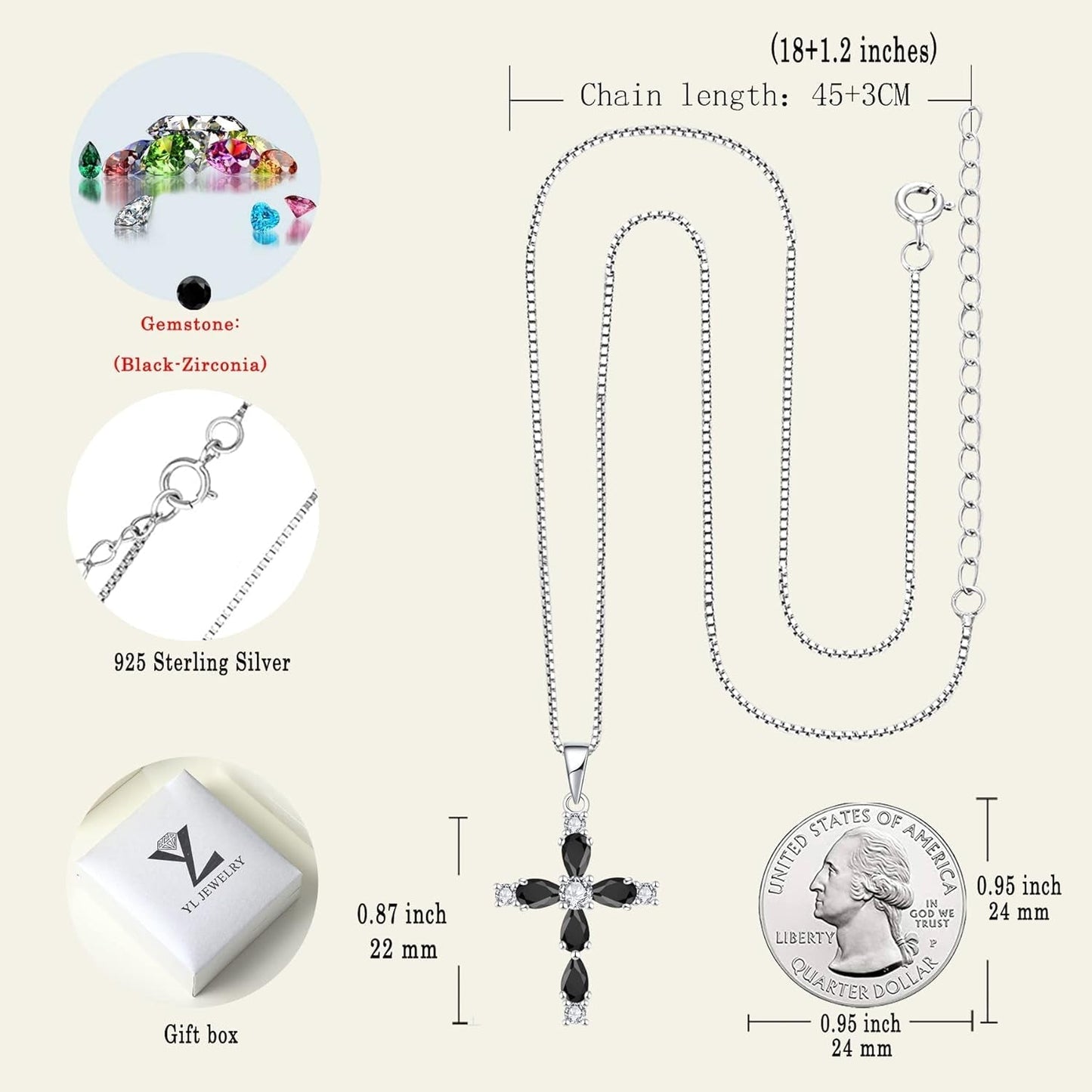 Gemstone Cross Necklace 925 Sterling Silver Birthstone Religious Pendant Jewelry for Women
