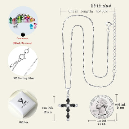 Gemstone Cross Necklace 925 Sterling Silver Birthstone Religious Pendant Jewelry for Women