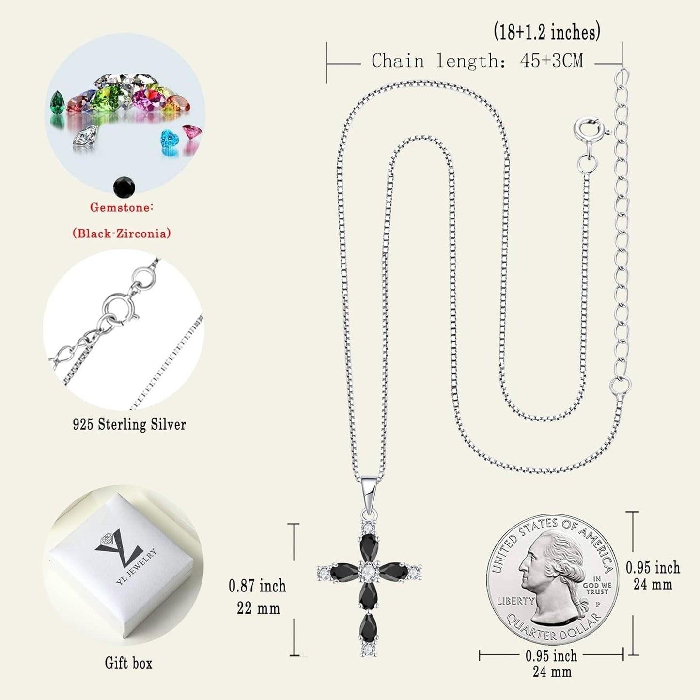 Cross Necklace for Women 925 Sterling Silver Halo Gemstone Pendant Birthstone Religious Jewelry for Mom