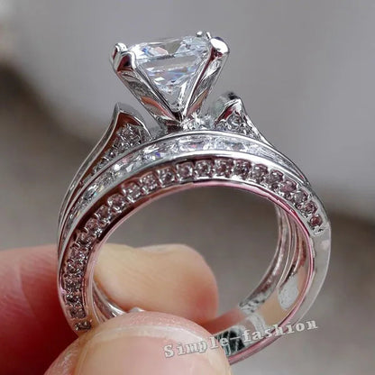 Fashion Women Princess Cut Diamonique White Topaz 925 Sterling Silver Wedding Ring Set Gift