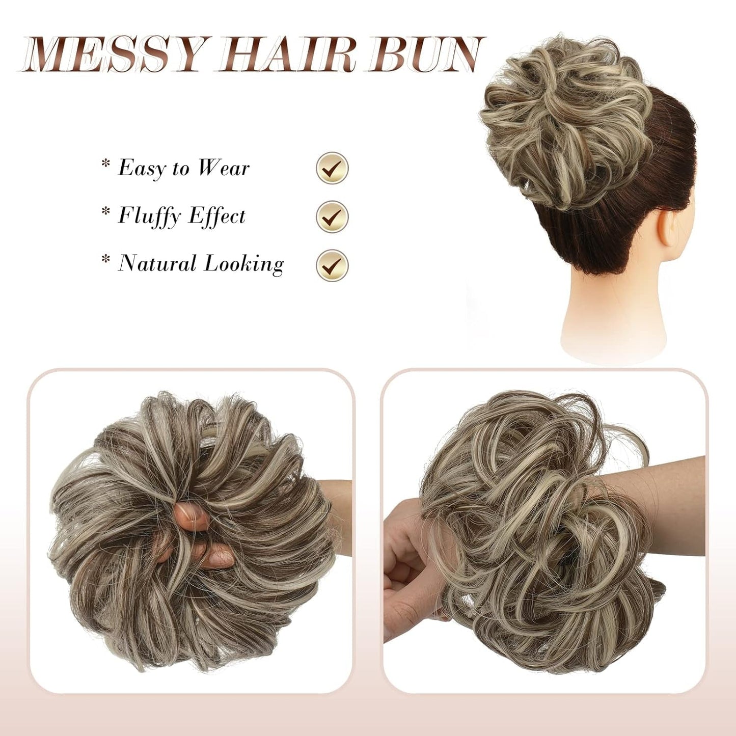 Messy Bun Hair Piece - Elastic Wavy Curly Hair Bun Scrunchies Extensions Synthetic Chignon Hairpieces for Women Girls, Golden Brown & Bleach Blonde 1 PCS