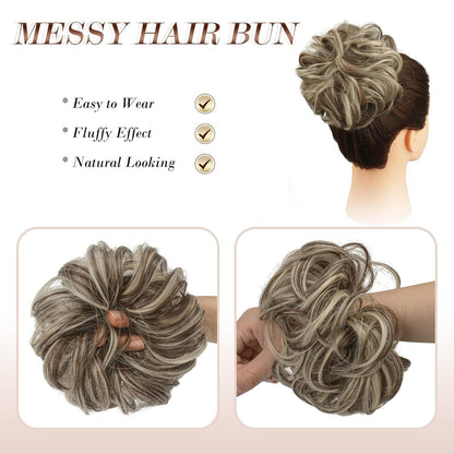 Messy Bun Hair Piece - Elastic Wavy Curly Hair Bun Scrunchies Extensions Synthetic Chignon Hairpieces for Women Girls, Golden Brown & Bleach Blonde 1 PCS