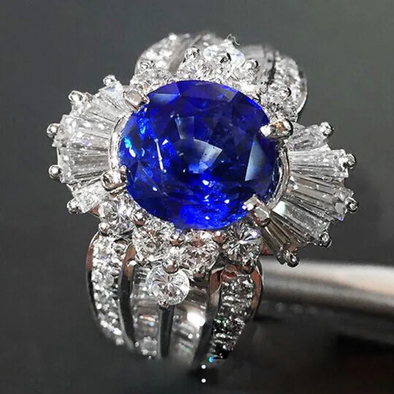 So Beautiful  Silver Natural Gemstones Sapphire And White Sapphire Wedding Birthstone Bride Engagement Anniversary Brand Big Ring Jewelry Size 6 7 8 9 10 - WORLD TIME VISITS