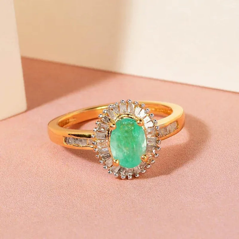 Shop LC Emerald White Diamond Oval 925 Sterling Silver Vermeil Yellow Gold Plated Halo Ring for Women Ct 0.87