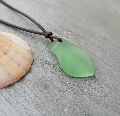 Handmade Leather Cord Puff Sea Glass Necklace, Unisex Jewelry, (Hawaii Gift Wrapped, Customizable Gift Message)… (Peridot - August)