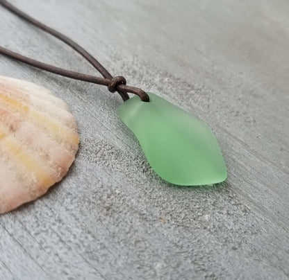 Handmade Leather Cord Puff Sea Glass Necklace, Unisex Jewelry, (Hawaii Gift Wrapped, Customizable Gift Message)… (Peridot - August)