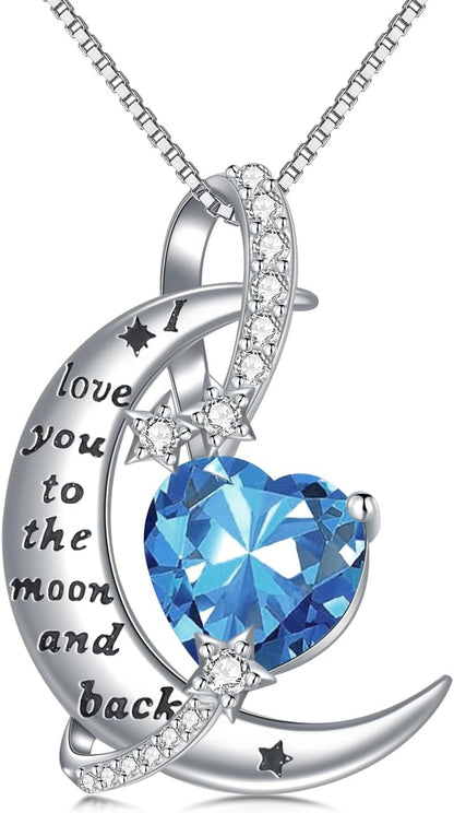 I Love You to the Moon and Back Necklace Sterling Silver Heart Birthstone Necklace Birthday Jewelry Gifts for Women