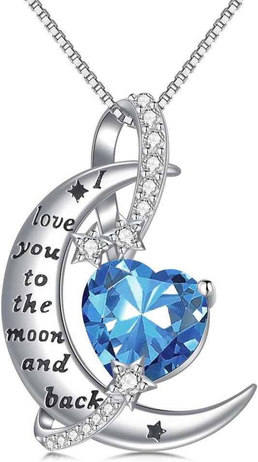I Love You to the Moon and Back Necklace Sterling Silver Heart Birthstone Necklace Birthday Jewelry Gifts for Women