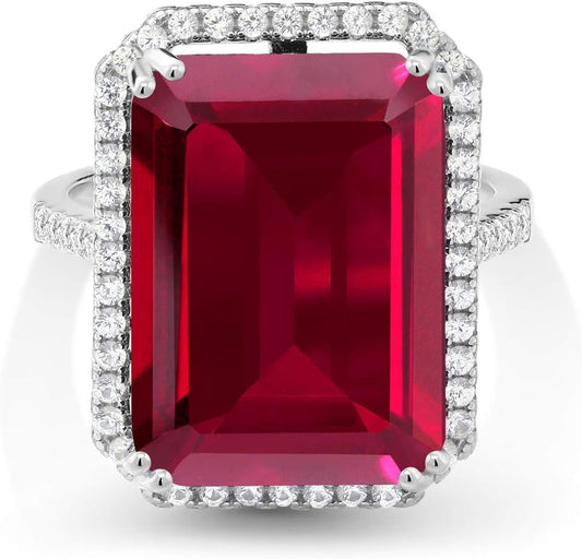 925 Sterling Silver Gemstone Birthstone Engagement Ring | Emerald Cut 18X13MM | Wedding Anniversary Promise Ring for Women | Available in Size 5, 6, 7, 8, 9