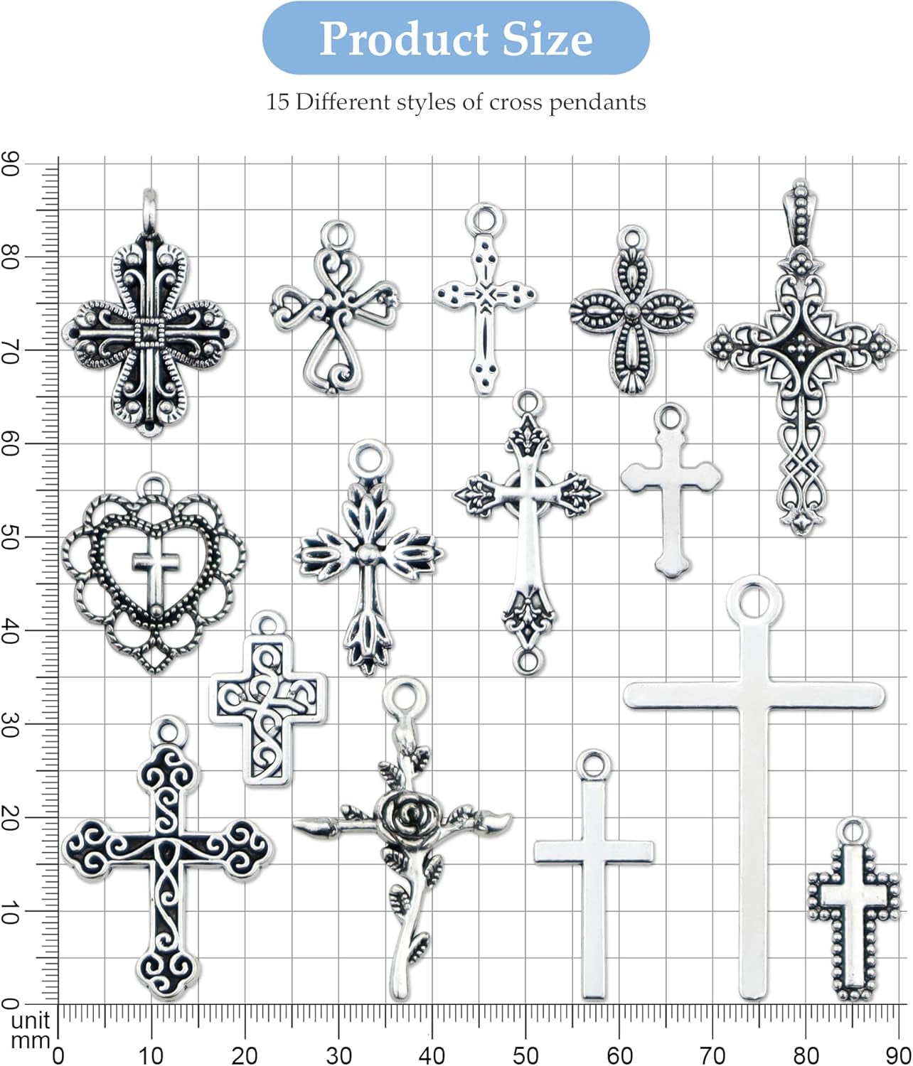 60 Pcs Antique Silver Cross Charms, Alloy Crucifix Pendant Connector for Bracelet Earrings Necklace Jewelry Making (15 Styles)