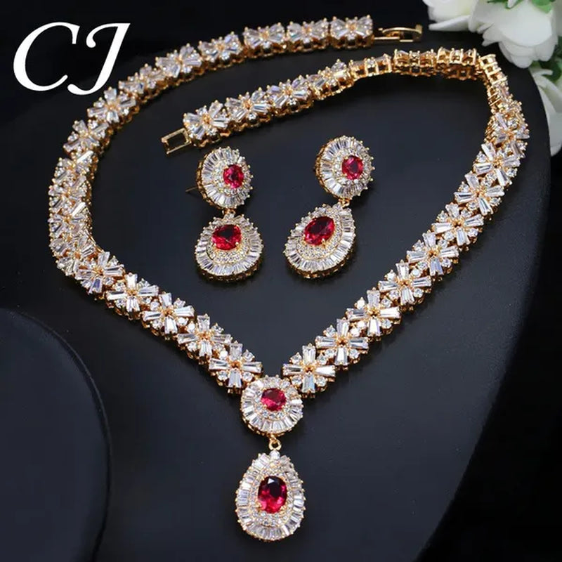 CANDICE African Gold Plating Hand-Inlay CZ Pendant Necklace and Earrings Gorgeous Dubai Women Wedding Party Tear Drop Jewelry Set with Red Crystal - WORLD TIME VISITS