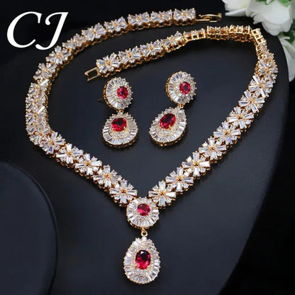 CANDICE African Gold Plating Hand-Inlay CZ Pendant Necklace and Earrings Gorgeous Dubai Women Wedding Party Tear Drop Jewelry Set with Red Crystal - WORLD TIME VISITS