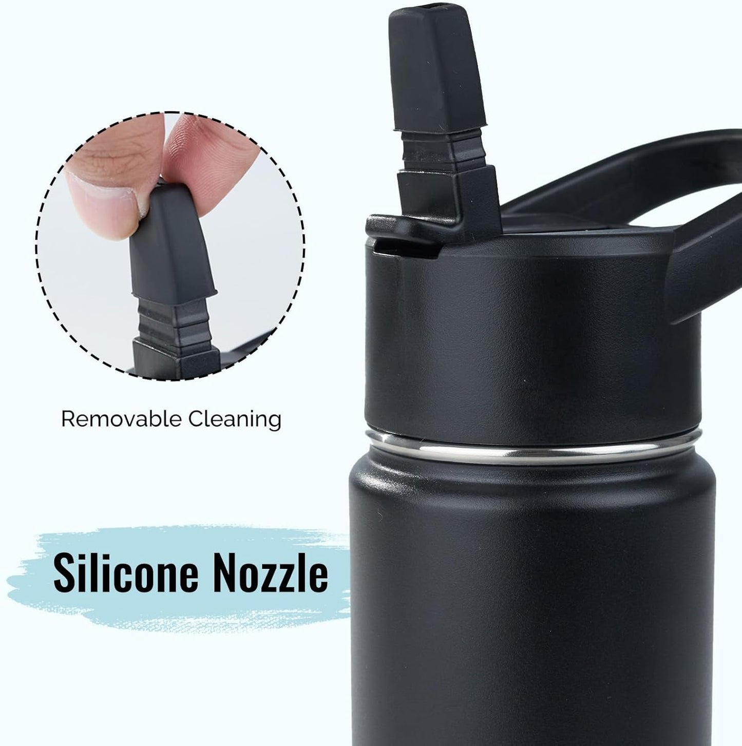 Stainless Steel Water Bottle with Straw & Wide Mouth Lid, Wide Rotating Handle, 24Oz Double Wall Vacuum Insulated Water Bottle Leak Proof, BPA Free, Keep Cold and Hot, 24Oz, Black