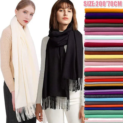 200X*70Cm Fashion Solid Color Women Scarf Winter Hijabs Tassels Long Lady Shawls Cashmere like Pashmina Hijabs Scarves Wraps - WORLD TIME VISITS