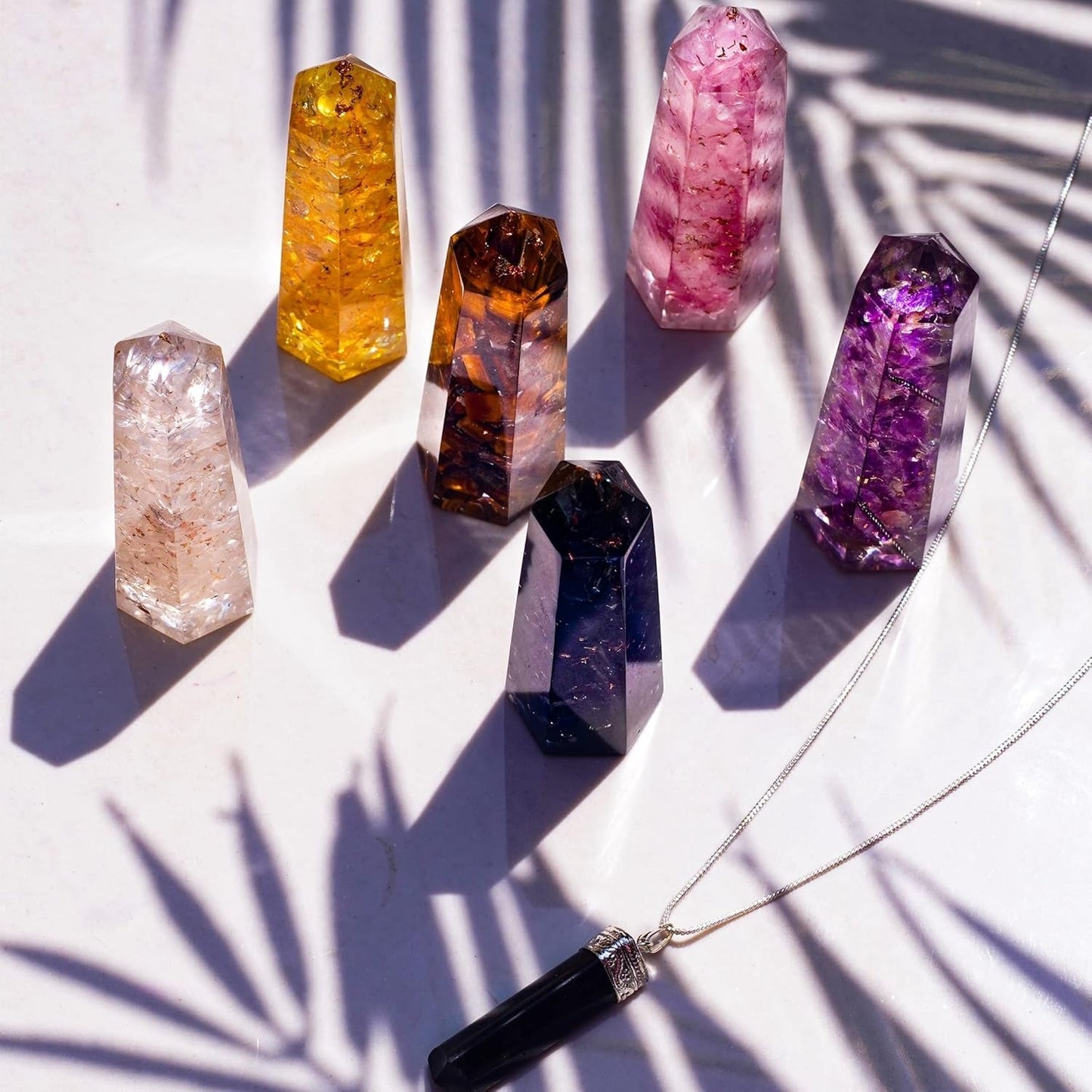 Healing Crystal Wand Set of 6 Orgonite – Includes 3” Amethyst Crystal, Tigers Eye, Rose Quartz, Black Tourmaline Stone, Citrine and Clear Quartz Orgone Crystal plus Black Tourmaline Necklace - WORLD TIME VISITS