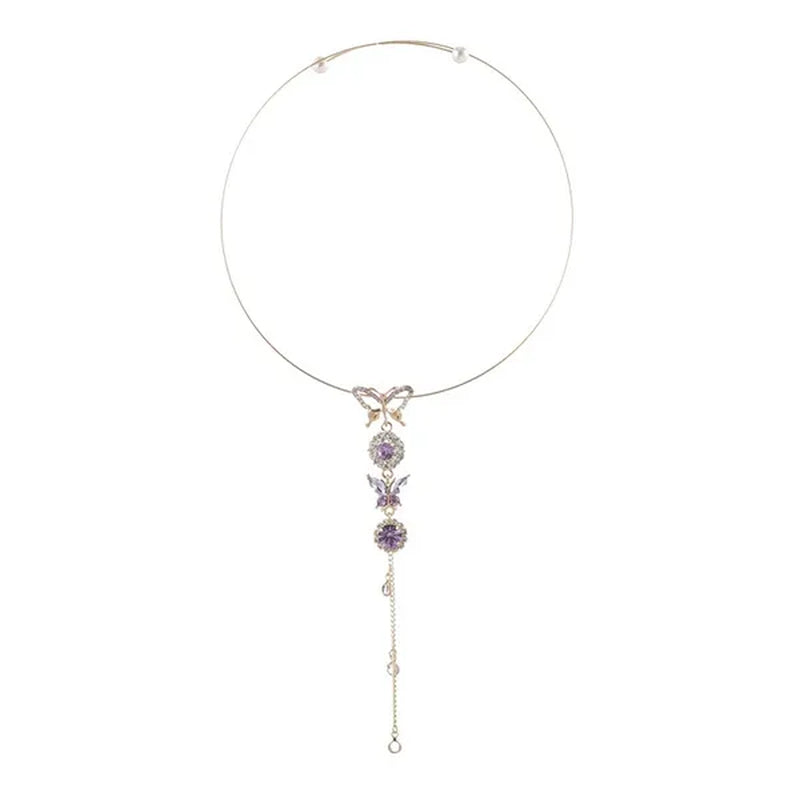Elegant Metal Round Chain Choker Jewelry for Women Girls Fashion Purple Crystal Butterfly Necklace