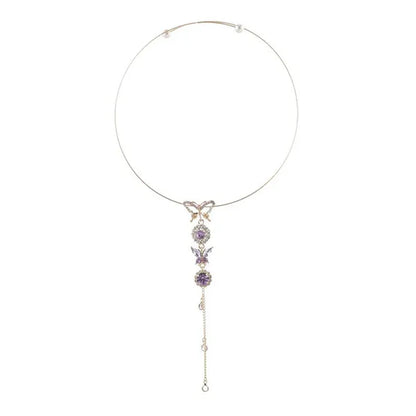 Elegant Metal Round Chain Choker Jewelry for Women Girls Fashion Purple Crystal Butterfly Necklace
