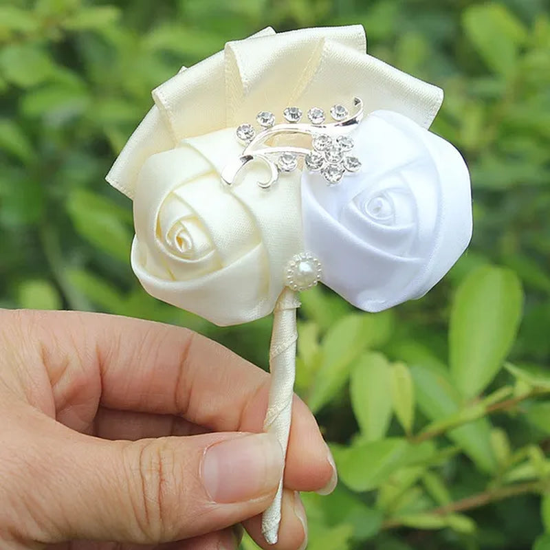 Handmade 8Piece/Lot Colorful Silk Rose Wedding Corsages Boutonniere Groom Diamond Wedding Flowers Boutonniere Brooch Flower
