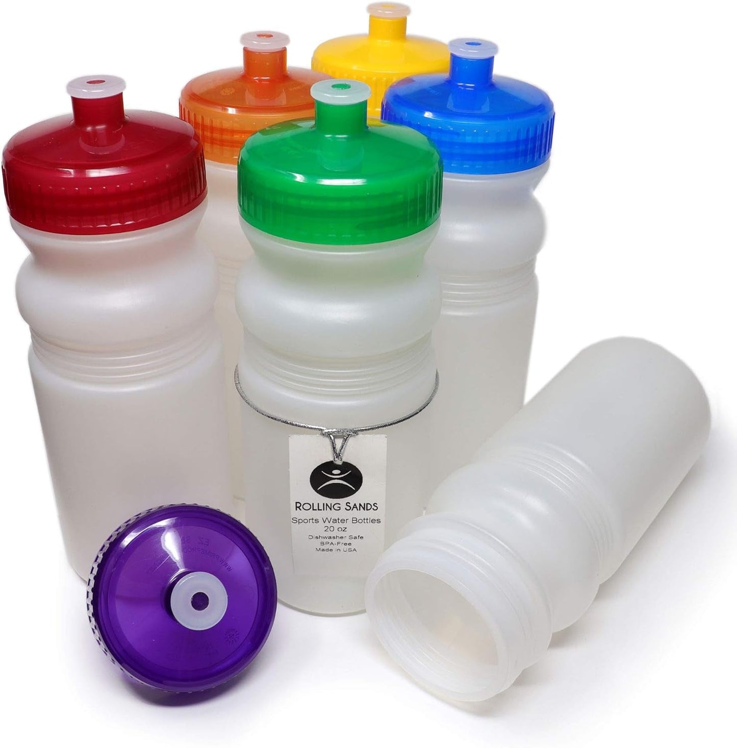 20 Ounce Sports Water Bottles 6 Pack, Bpa-Free, Made in USA, Dishwasher Safe, Clear Frost Bottles/Rainbow Lids - WORLD TIME VISITS