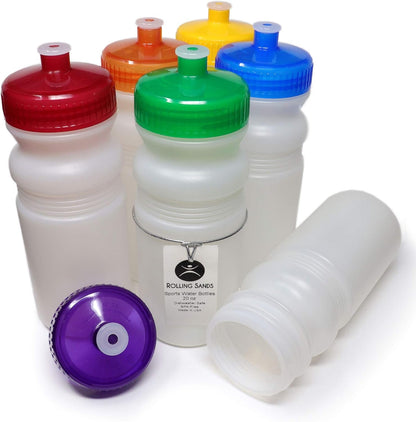 20 Ounce Sports Water Bottles 6 Pack, Bpa-Free, Made in USA, Dishwasher Safe, Clear Frost Bottles/Rainbow Lids - WORLD TIME VISITS