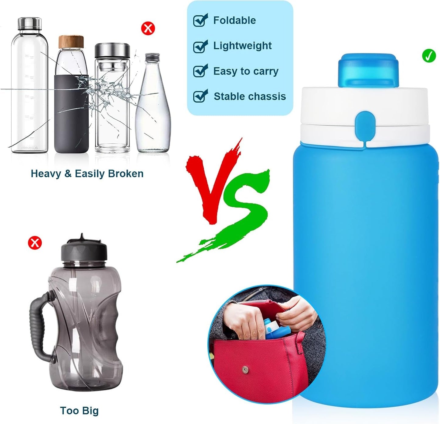 Collapsible Water Bottle, 19Oz Foldable Water Bottle BPA Free Reusable Lightweight Leak-Proof Travel Silicone Water Bottle for Travel, Gym, Hiking, Office, Camping(Blue)