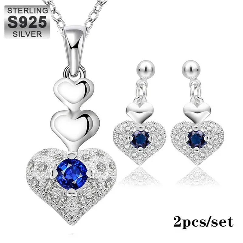 Woman Party Wedding Jewelry Sets 925 Sterling Silver Blue Crystal Heart Pendant Necklace Earrings Classic Fashion Gift