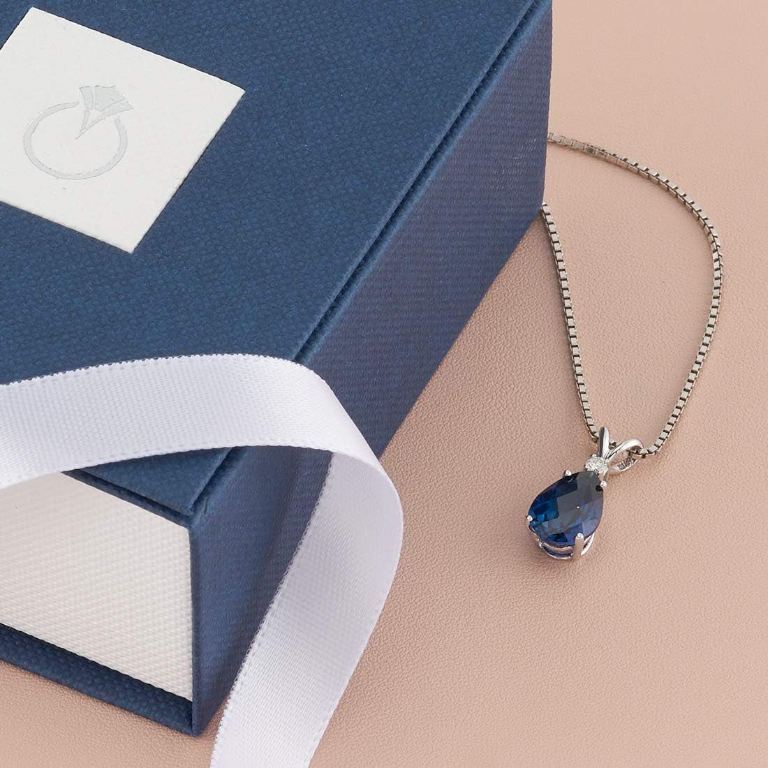 Solid 14K White Gold Created Blue Sapphire with Genuine Diamond Pendant for Women, Elegant Teardrop Solitaire, 2.45 Carats Pear Shape 10X7Mm, Sparkling Blue Sapphire Jewelry, W/Jewelry Box