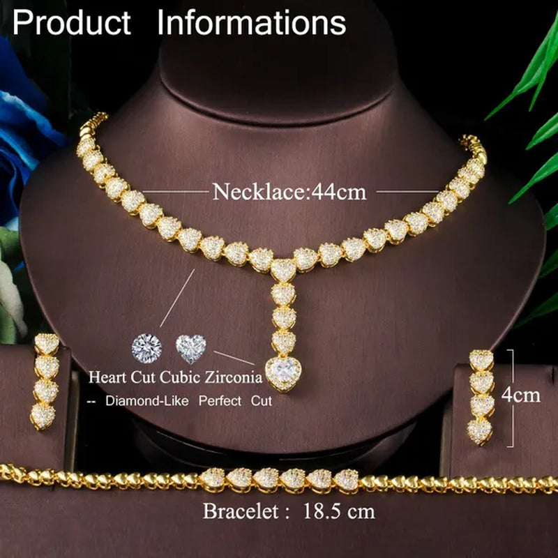 CANDICE Romantic Heart Charm Drop Necklace Earrings Bracelet Set with Cubic Zirconia Gold Filled Women Ethiopian Jewelry Set for Banquet Party
