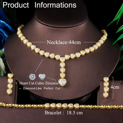 CANDICE Romantic Heart Charm Drop Necklace Earrings Bracelet Set with Cubic Zirconia Gold Filled Women Ethiopian Jewelry Set for Banquet Party