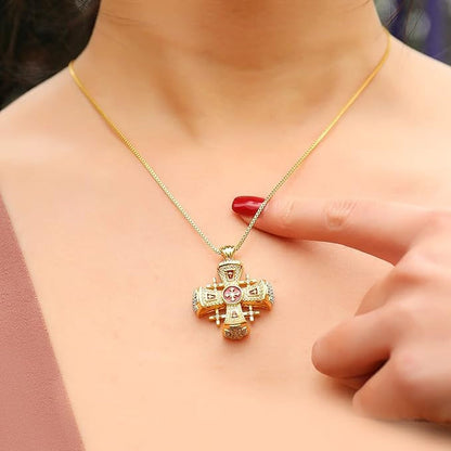 Crusaders Jerusalem Cross Pendant Necklace Gold Plating 18K Enamel Crystallized Stones 1.3"