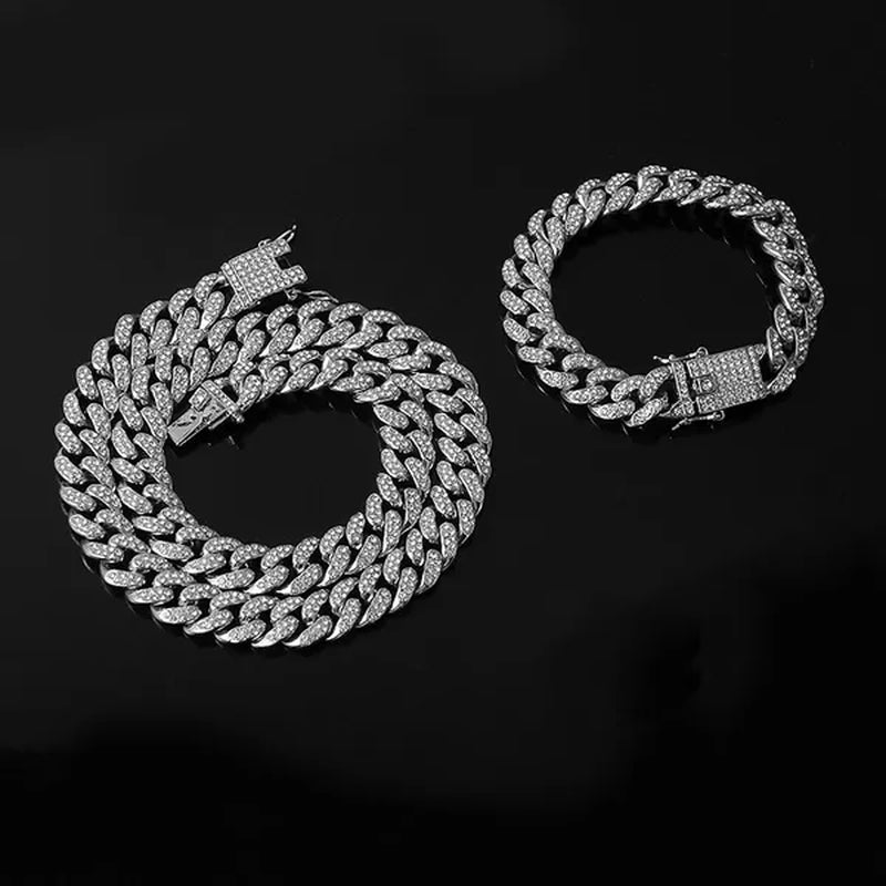 Men's Hip Hop Miami Necklace 24K Gold Plated 925 Silver 1/2PCS Necklace Bracelet Ice Sparkling Diamond Jewelry Cuban Link Chain 8/20/24/28inch