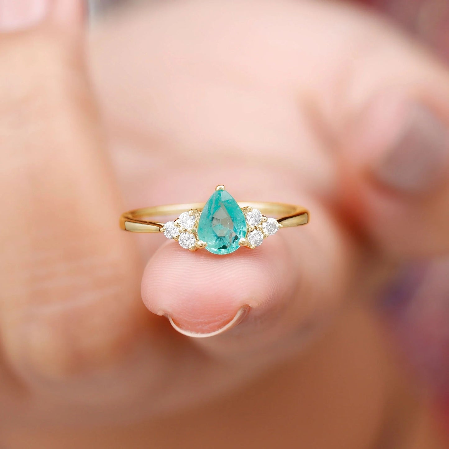 Pear Shape Emerald Solitaire Ring with Diamond for Women - 5X7 Mm (AAA Grade), 14K Yellow Gold, US 3.00