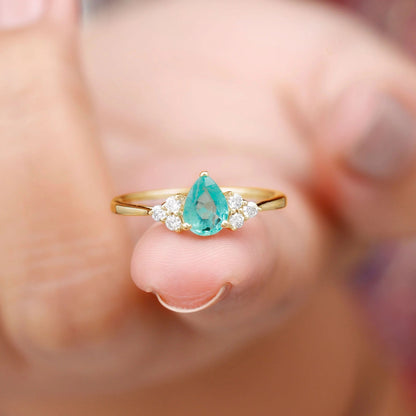 Pear Shape Emerald Solitaire Ring with Diamond for Women - 5X7 Mm (AAA Grade), 14K Yellow Gold, US 3.00