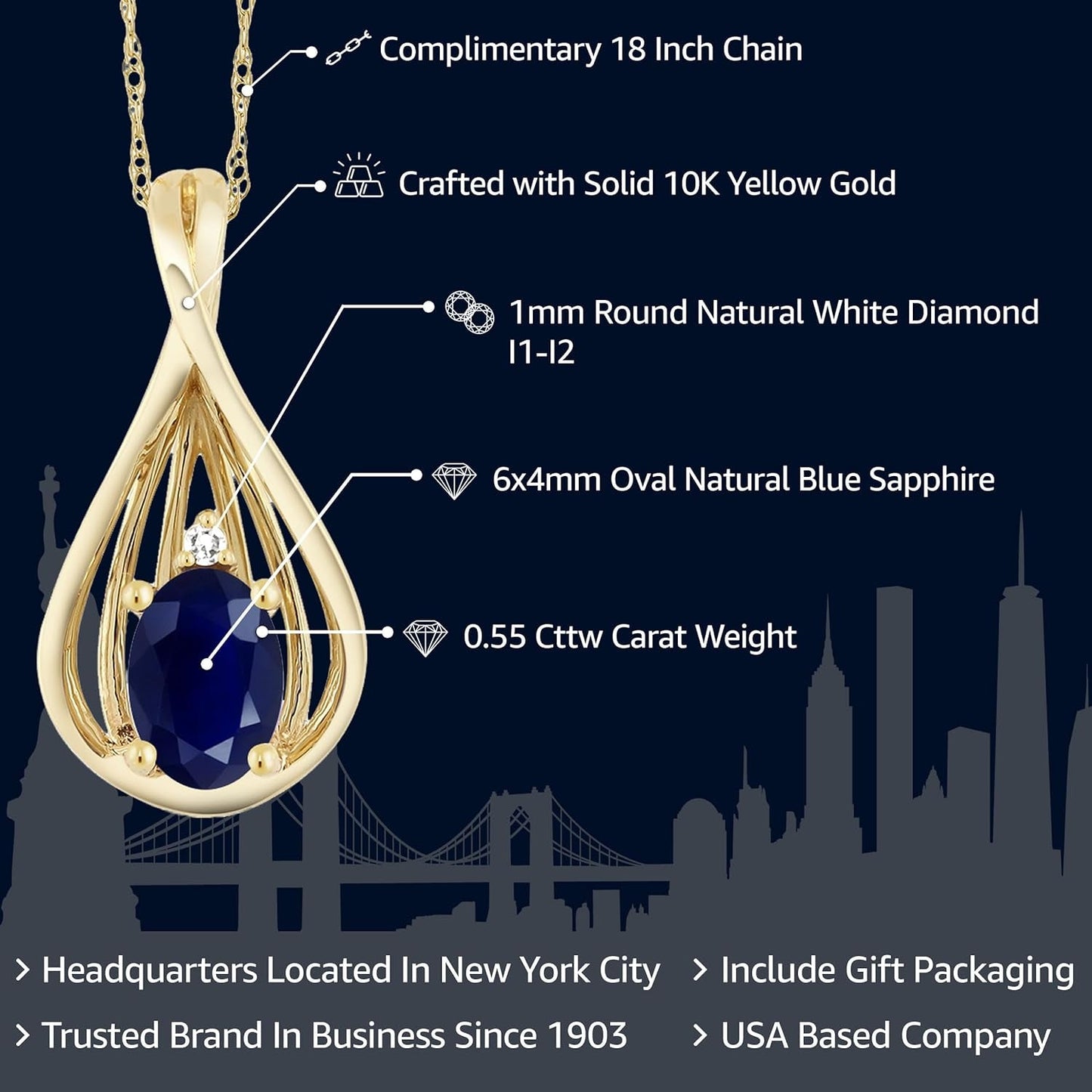 10K Yellow Gold Blue Sapphire and White Diamond Teardrop Pendant Necklace for Women (0.55 Cttw, Gemstone September Birthstone, Oval 6X4MM, with 18 Inch Chain)