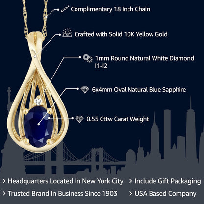 10K Yellow Gold Blue Sapphire and White Diamond Teardrop Pendant Necklace for Women (0.55 Cttw, Gemstone September Birthstone, Oval 6X4MM, with 18 Inch Chain)