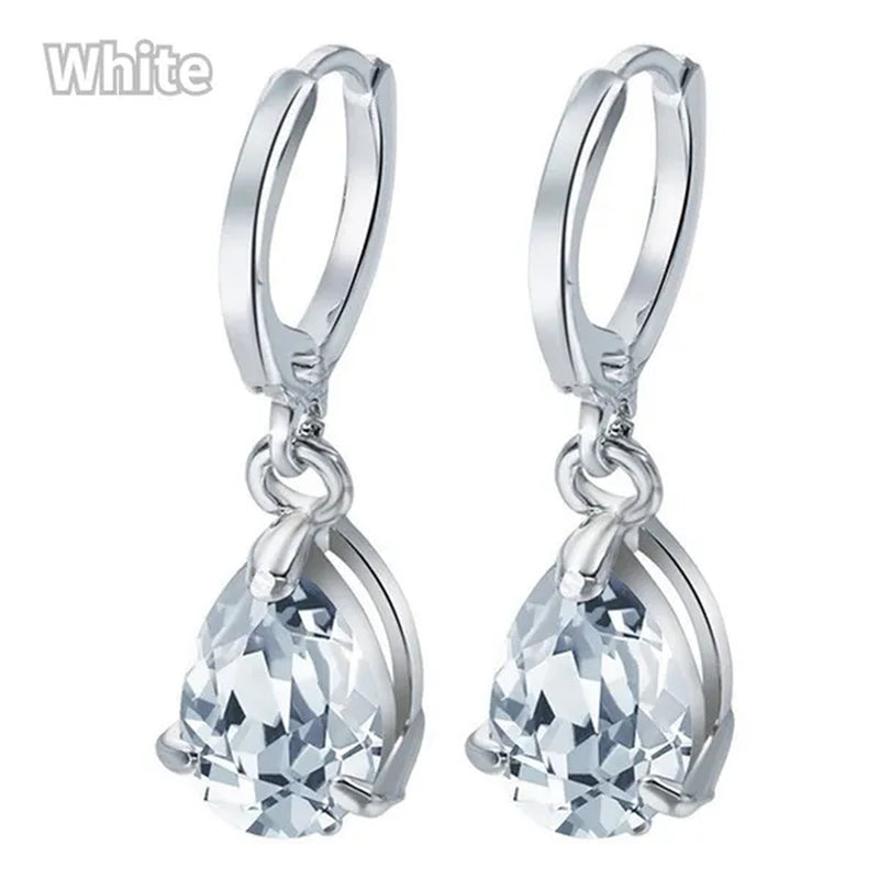 Women Silver Plated Pink Blue Cubic Zirconia Earrings Water Drop Pendant Earrings Bride Wedding Engagement Anniversary Gift Jewelry