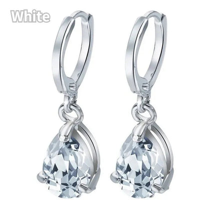 Women Silver Plated Pink Blue Cubic Zirconia Earrings Water Drop Pendant Earrings Bride Wedding Engagement Anniversary Gift Jewelry