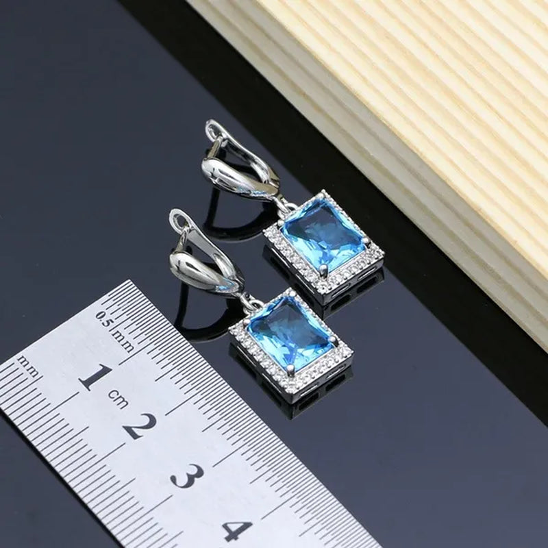 Square Sky Blue Topaz 925 Sterling Silver Jewelry Sets for Women Earrings/Pendant/Necklace/Rings/Bracelet
